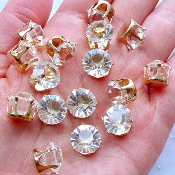 10mm Glue On Glass Crystal with Crown Setting | SS46 Glass Rhinestones | Loose Stones | Round Gemstones | Wedding Supplies | Bling Bling Decoration (Clear with Gold Setting / 6pcs)