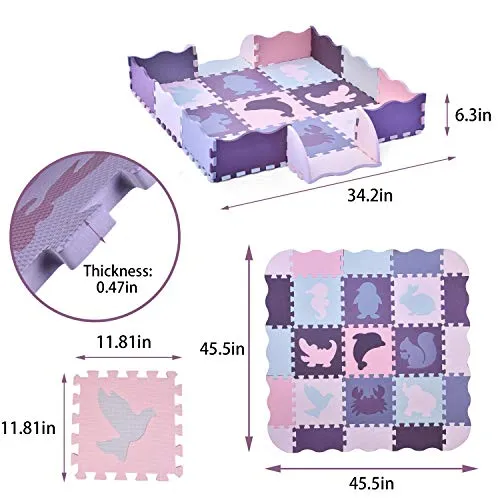 25 PCS Baby Foam Play Mat, Kids Play Mat with Fence Large 45x45 Thick 0.47 inch Purple Animals Puzzle Floor Mat for Kids Babies Toddlers Infants Crawling Room Decor