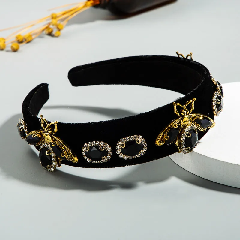 Baroque Style Black Gold Velvet Rhinestone Headband Female Retro Personality Wide-Brimmed Bee Headband Hair Accessories