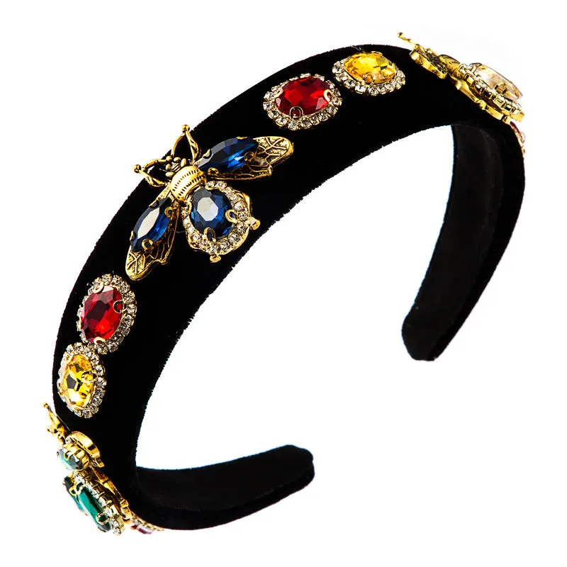 Baroque Style Black Gold Velvet Rhinestone Headband Female Retro Personality Wide-Brimmed Bee Headband Hair Accessories