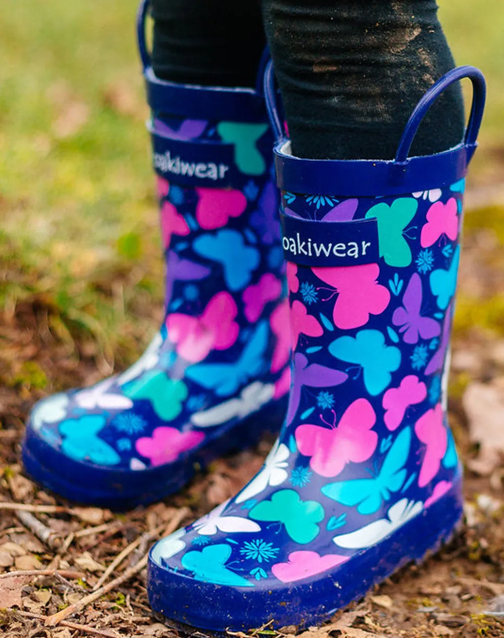 Bright Butterflies Loop Handle Rubber Rain Boots