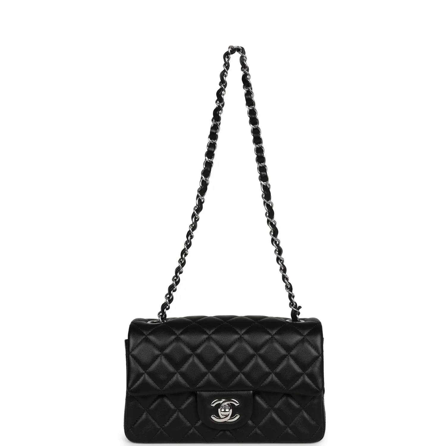 Chanel Mini Rectangular Flap Bag Black Lambskin Silver Hardware