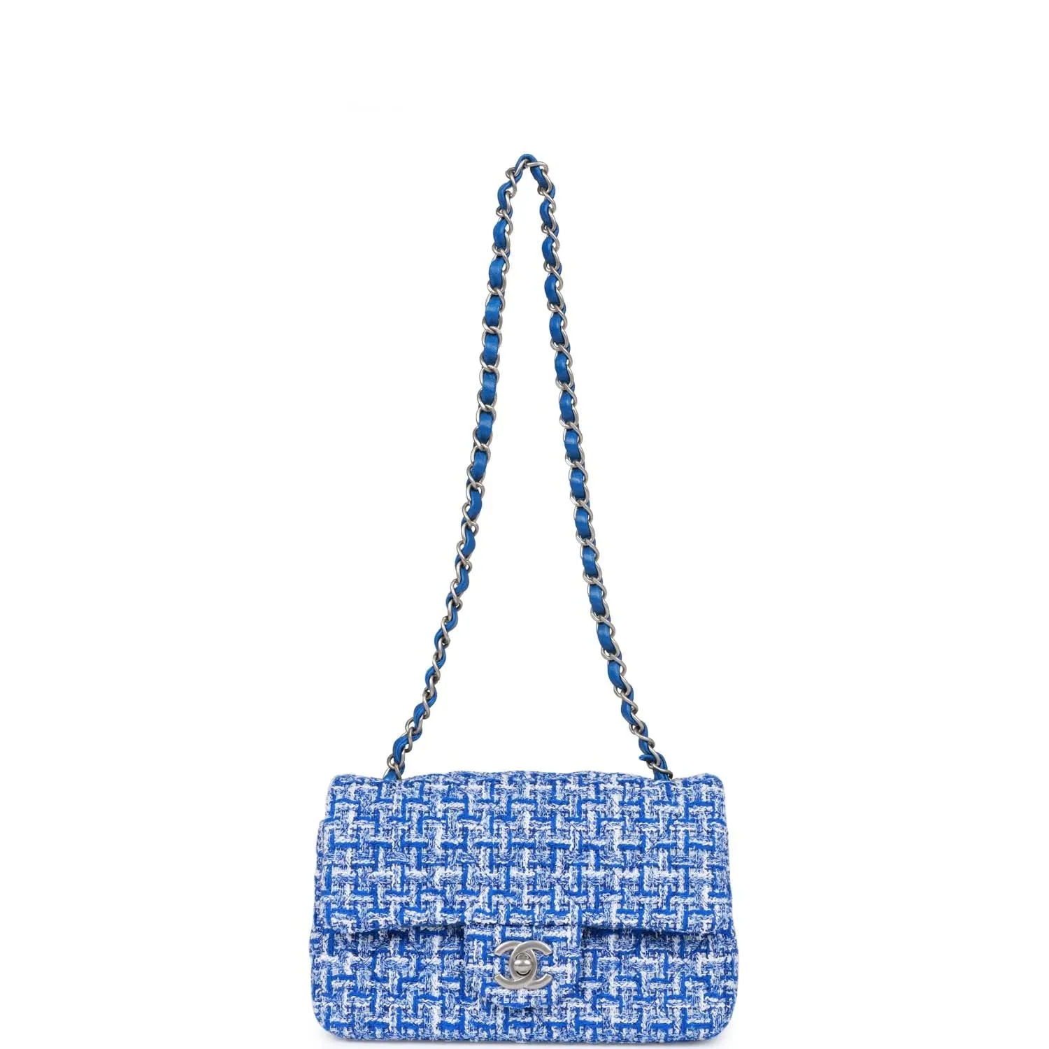 Chanel Mini Rectangular Flap Bag Blue Tweed Aged Silver Hardware