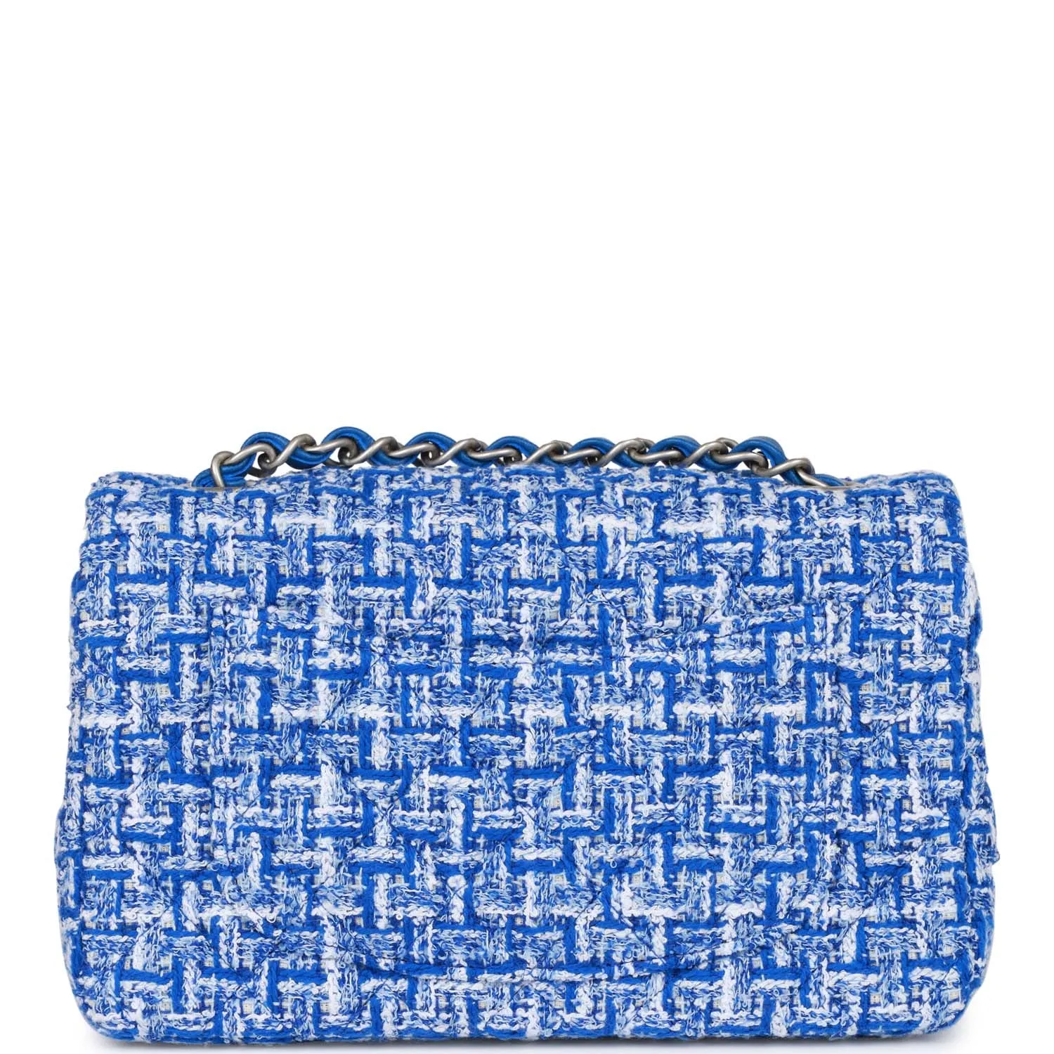 Chanel Mini Rectangular Flap Bag Blue Tweed Aged Silver Hardware