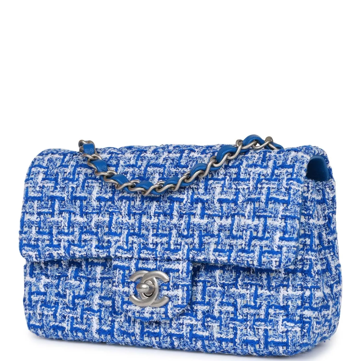 Chanel Mini Rectangular Flap Bag Blue Tweed Aged Silver Hardware