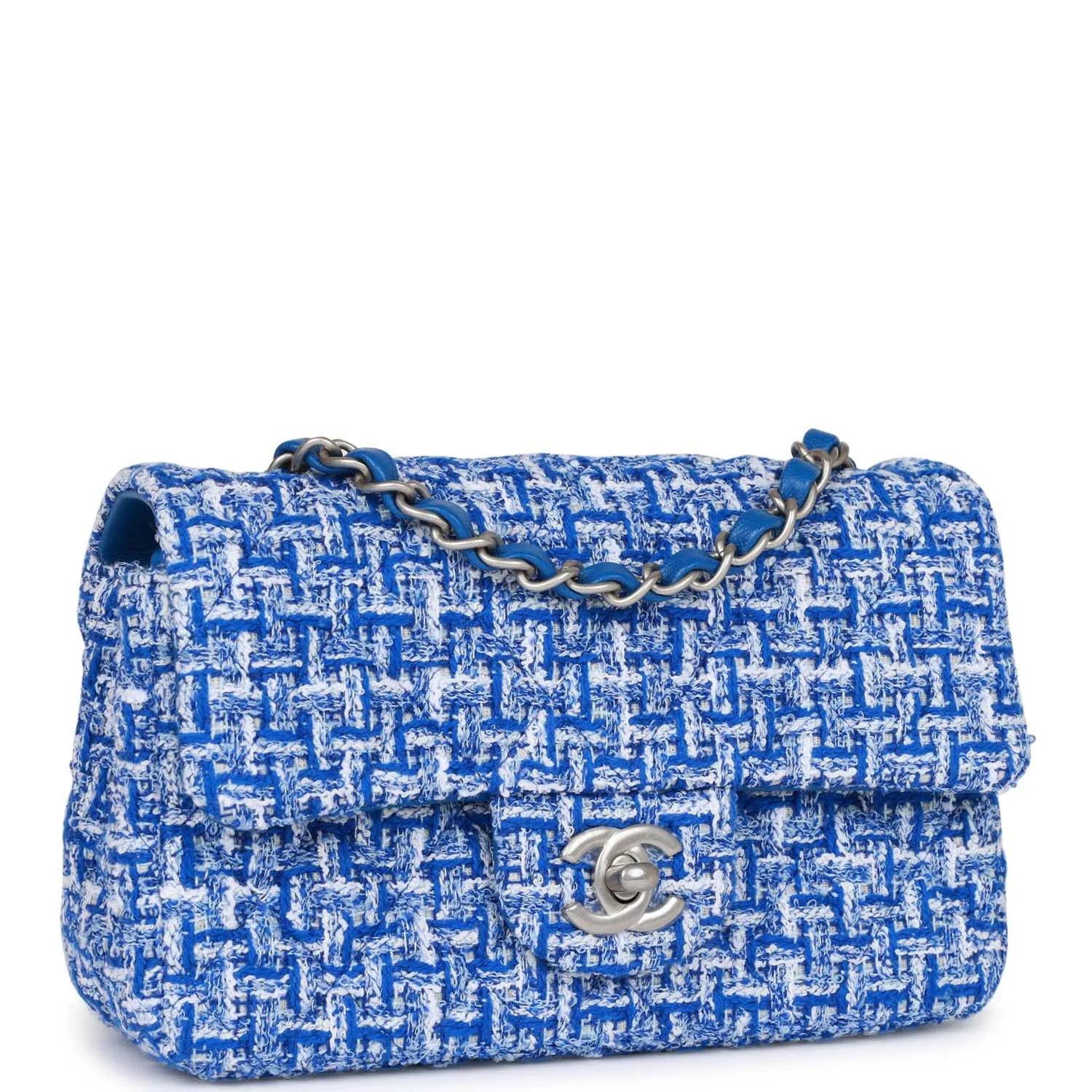 Chanel Mini Rectangular Flap Bag Blue Tweed Aged Silver Hardware