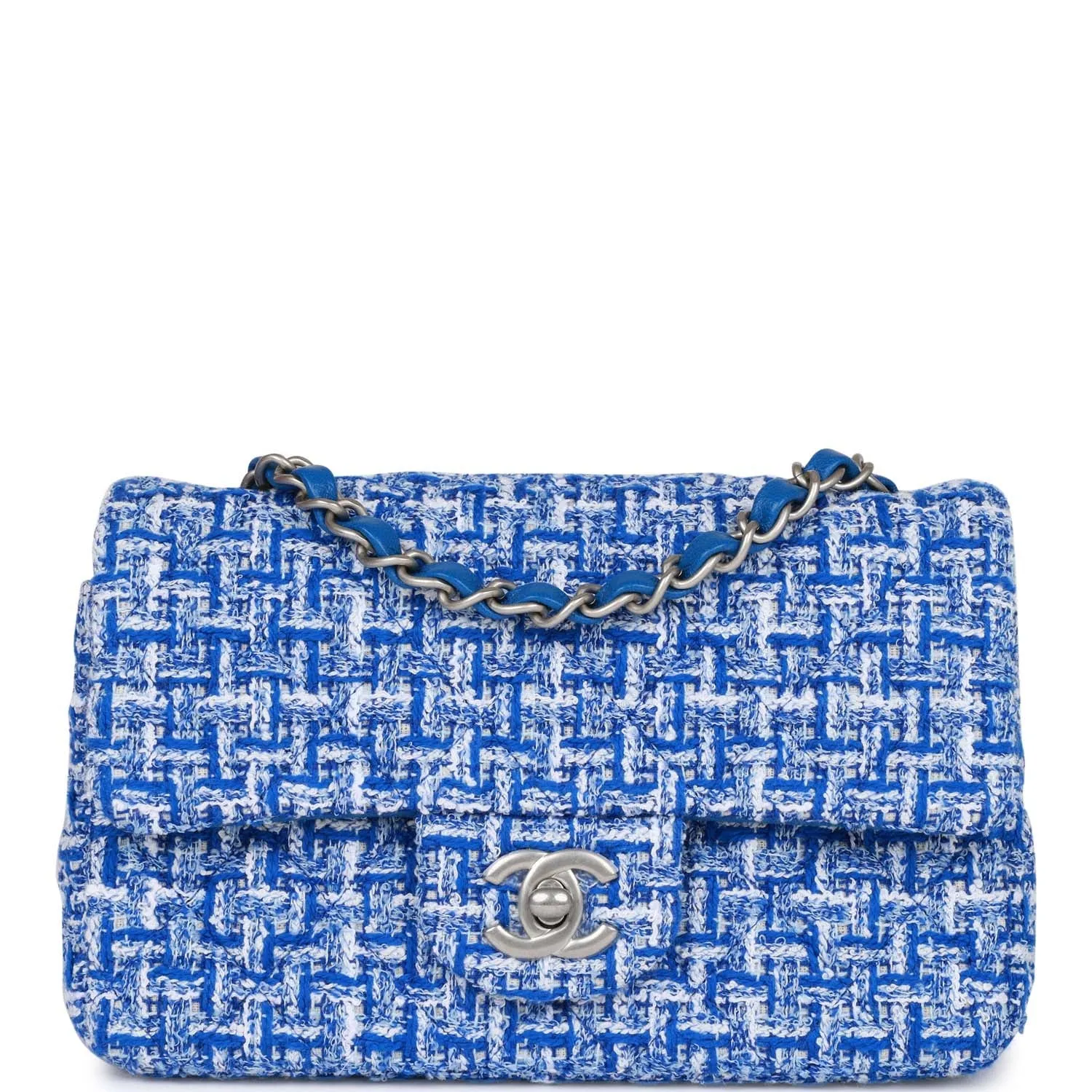 Chanel Mini Rectangular Flap Bag Blue Tweed Aged Silver Hardware