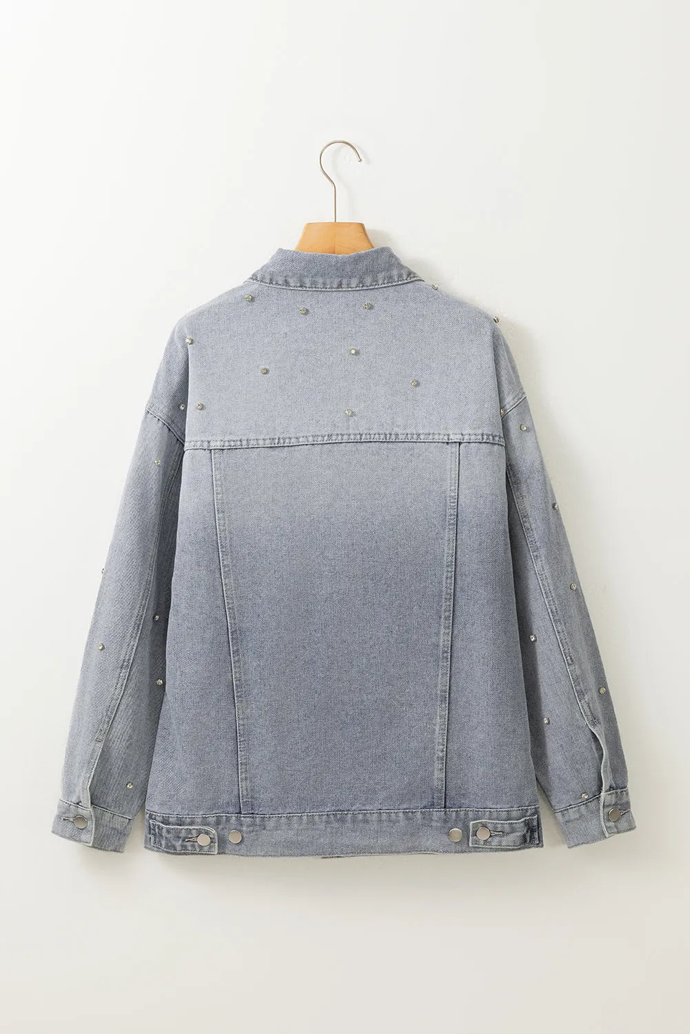 Dusk Blue Rhinestone Embellished Flap Pocket Denim Jacket