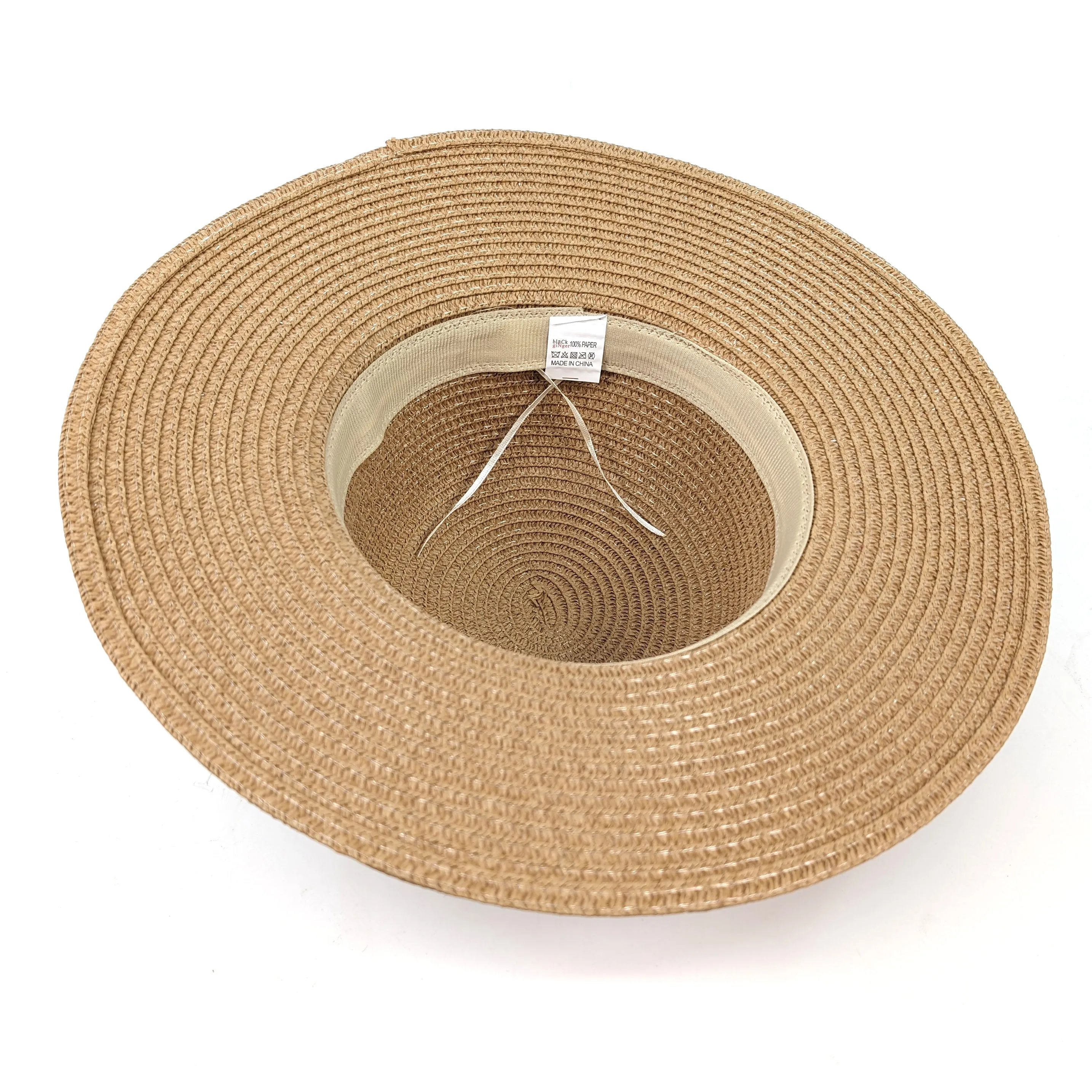 Folding Wide Brim Travel Sun Hat - Natural Beaded Band (59cm)