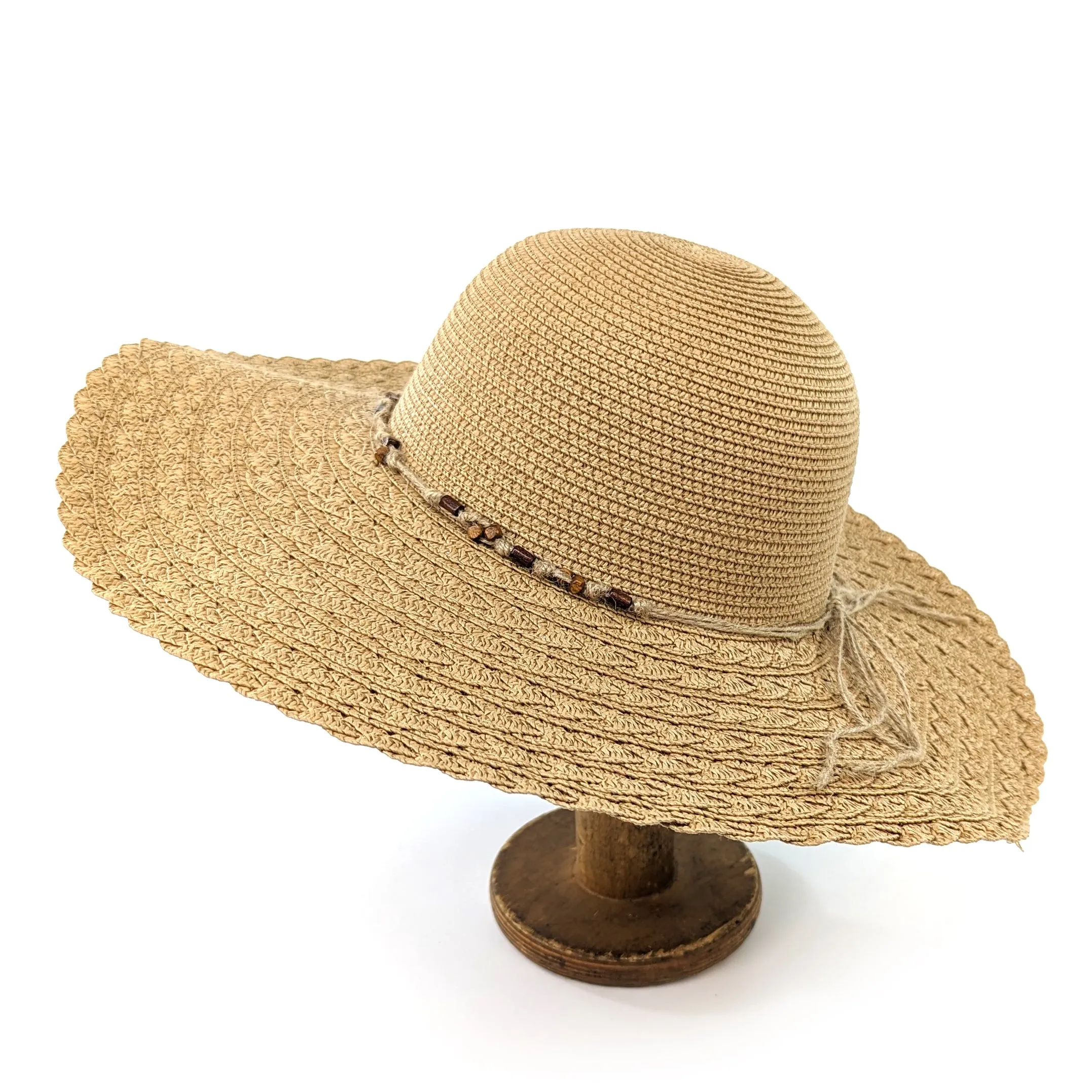 Folding Wide Brim Travel Sun Hat - Natural Beaded Band (59cm)