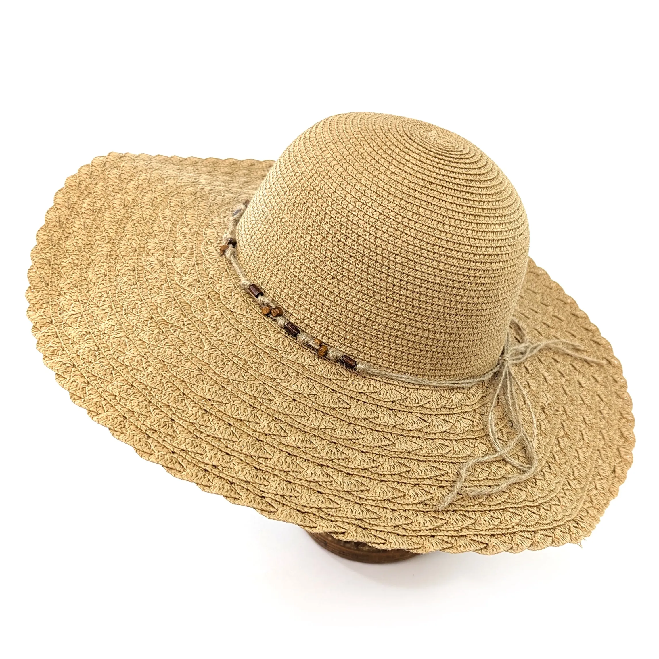 Folding Wide Brim Travel Sun Hat - Natural Beaded Band (59cm)