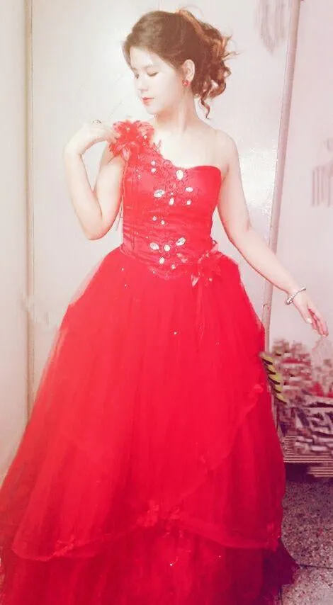 G158, Red Ball Gown One Shoulder, Size (XS-30 to L-38)