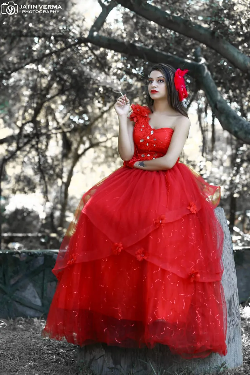 G158, Red Ball Gown One Shoulder, Size (XS-30 to L-38)