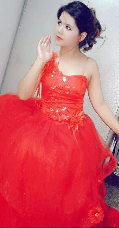 G158, Red Ball Gown One Shoulder, Size (XS-30 to L-38)