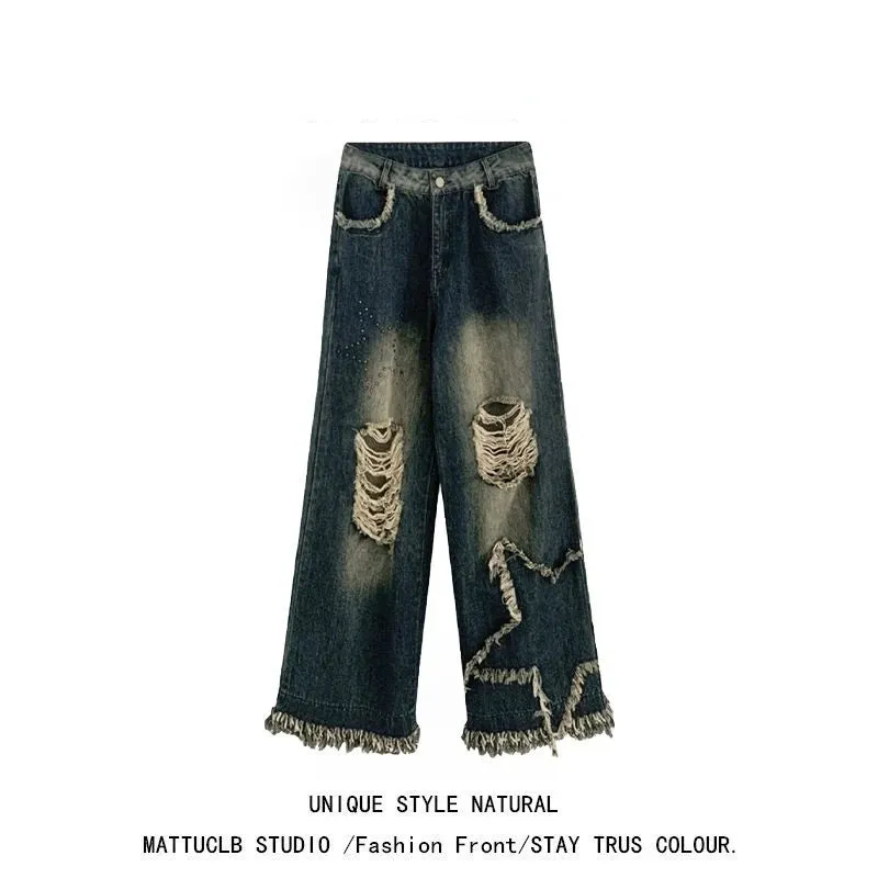 Getadme Broken tassel American high street jeans for women with high waisted loose floor mops, retro star design wide leg y2k pants