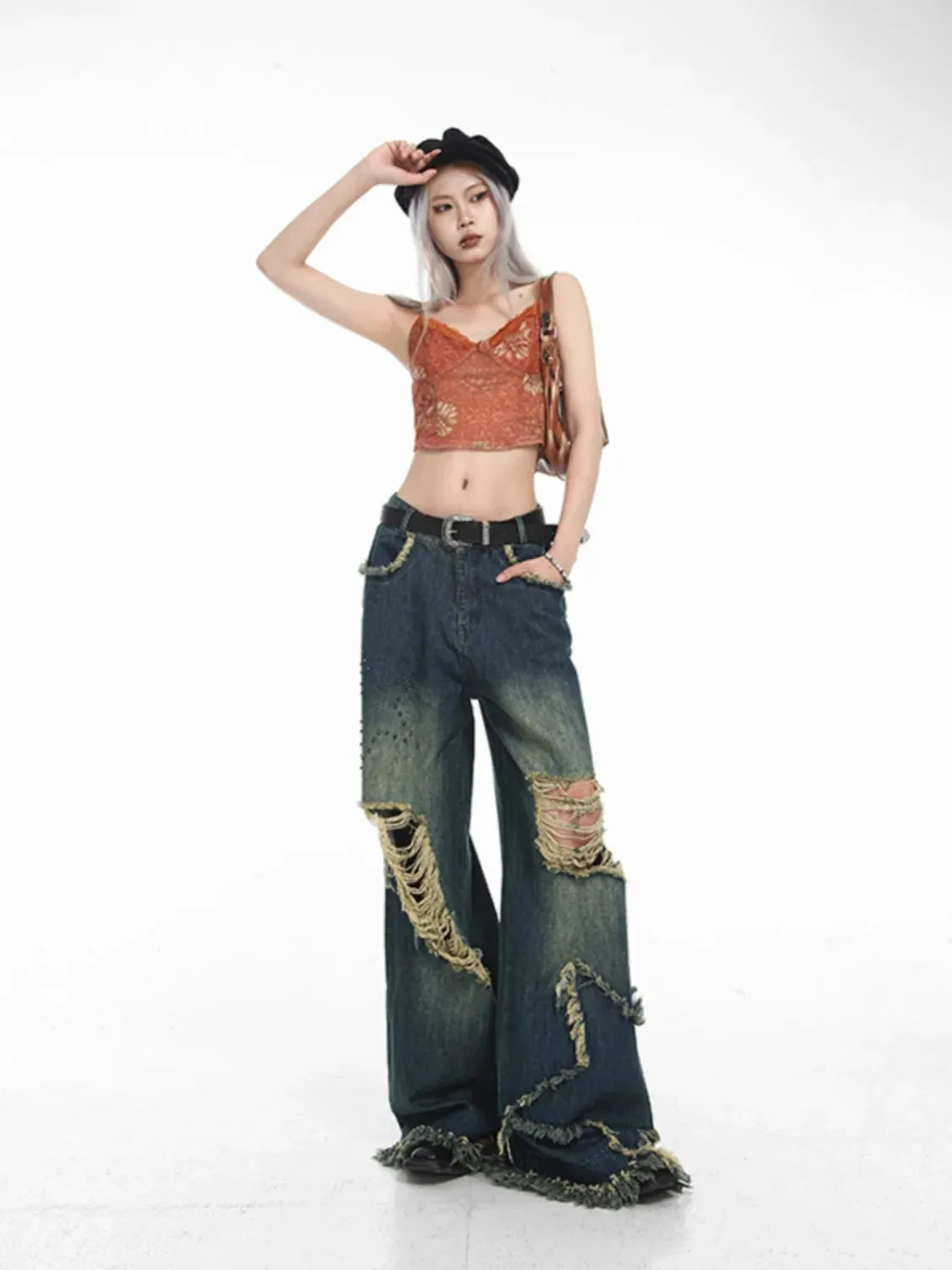 Getadme Broken tassel American high street jeans for women with high waisted loose floor mops, retro star design wide leg y2k pants