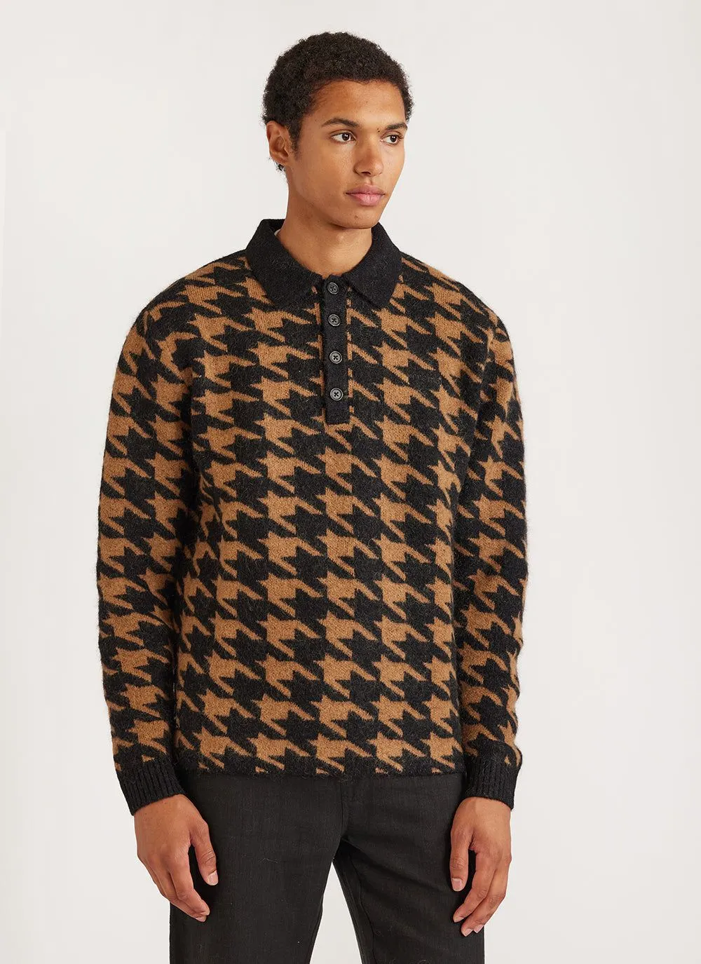 Houndstooth Rugby Shirt | Mohair | Tan