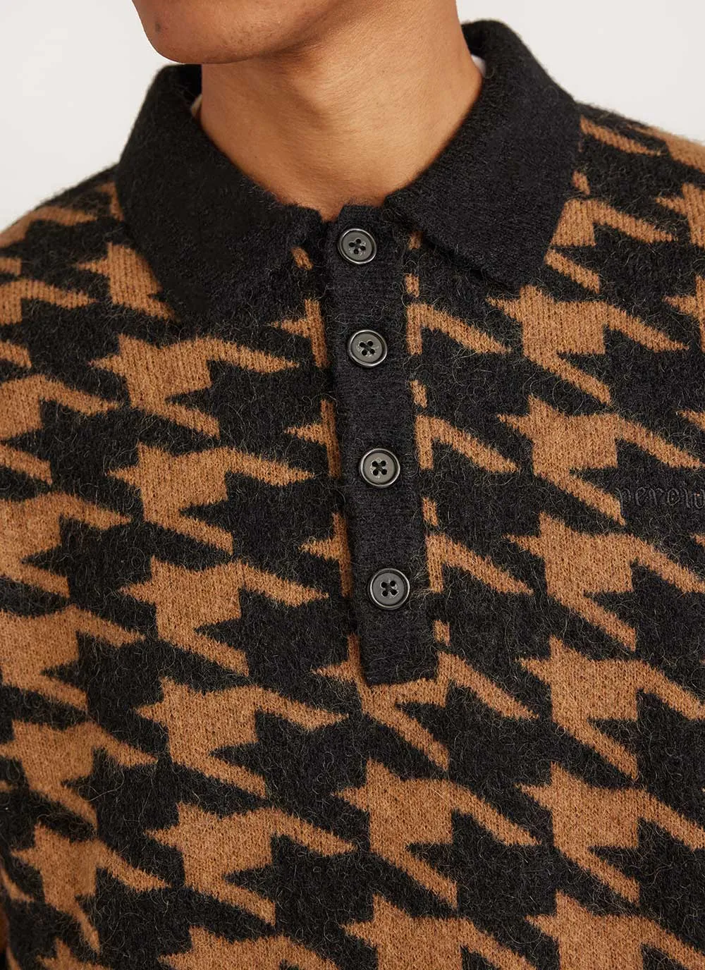 Houndstooth Rugby Shirt | Mohair | Tan