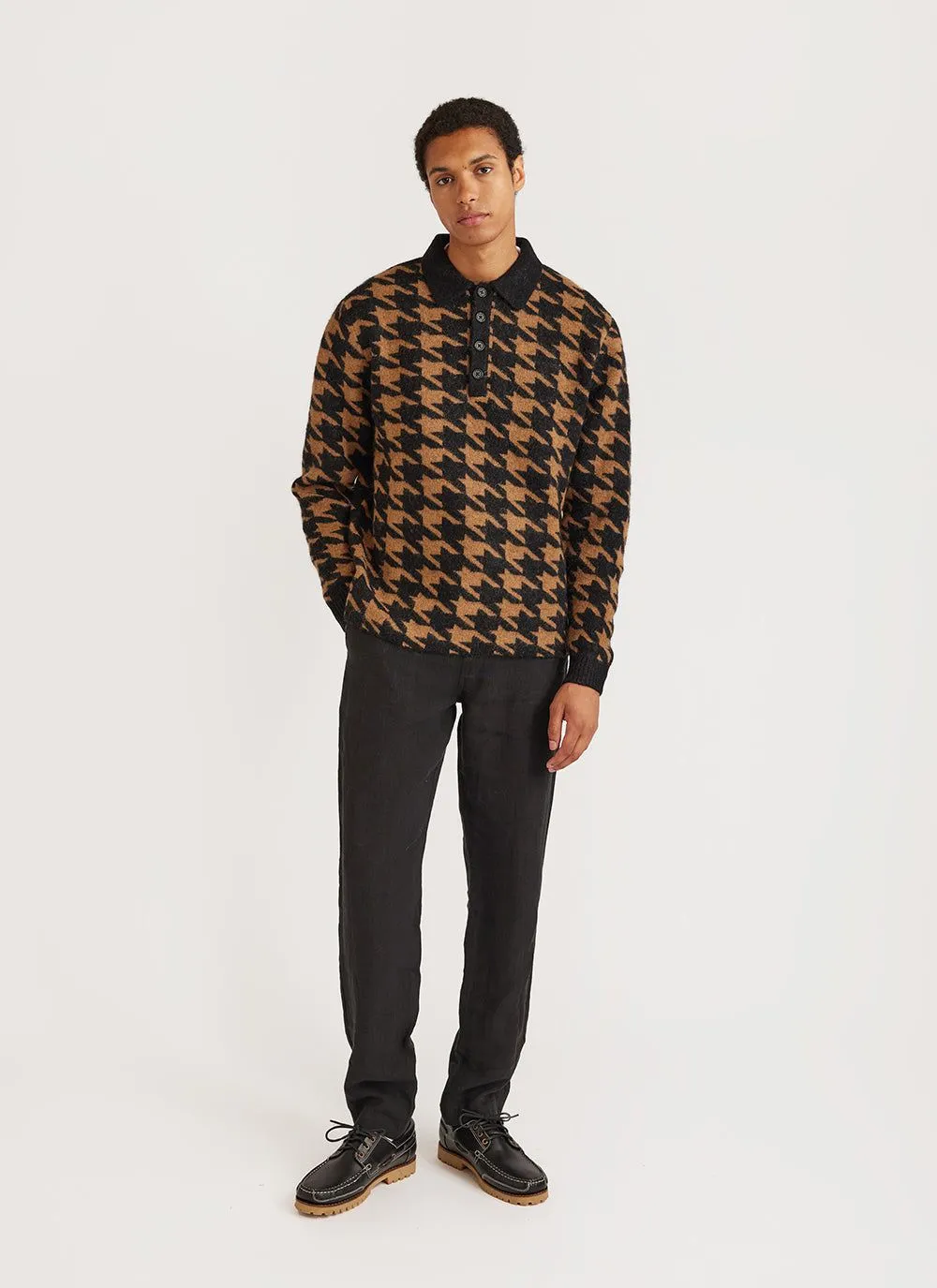 Houndstooth Rugby Shirt | Mohair | Tan