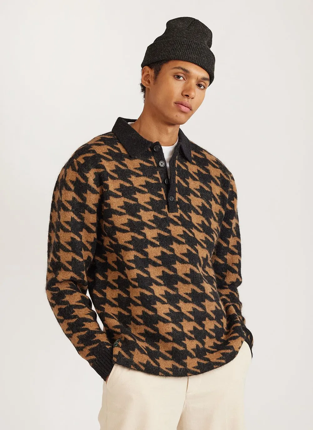 Houndstooth Rugby Shirt | Mohair | Tan