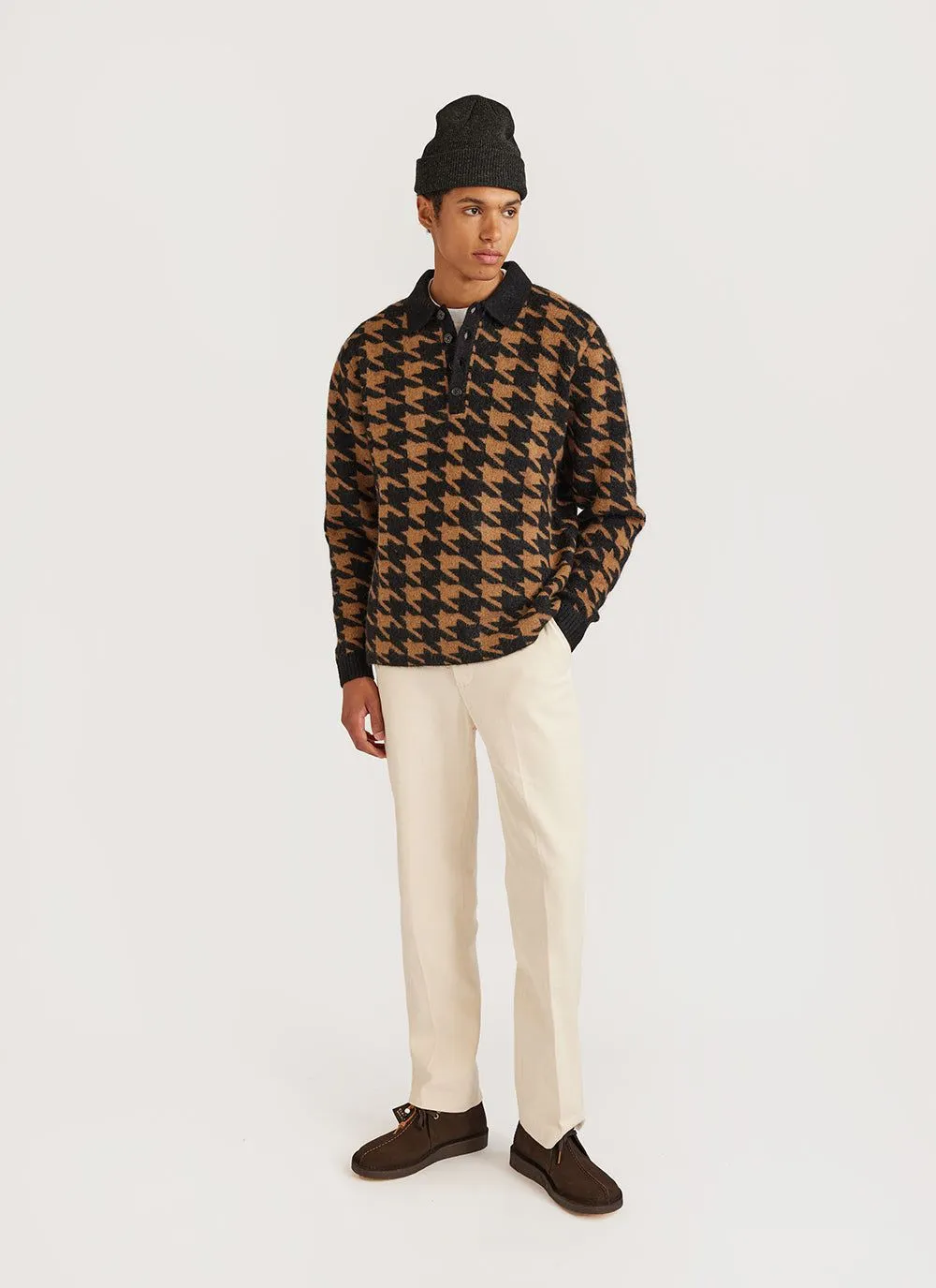 Houndstooth Rugby Shirt | Mohair | Tan