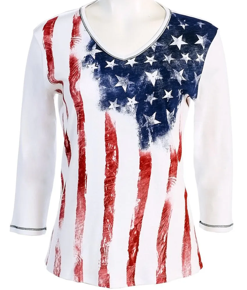 Jess & Jane - Old Glory, 3/4 Sleeve, V-Neck, White Cotton Rhinestone Top