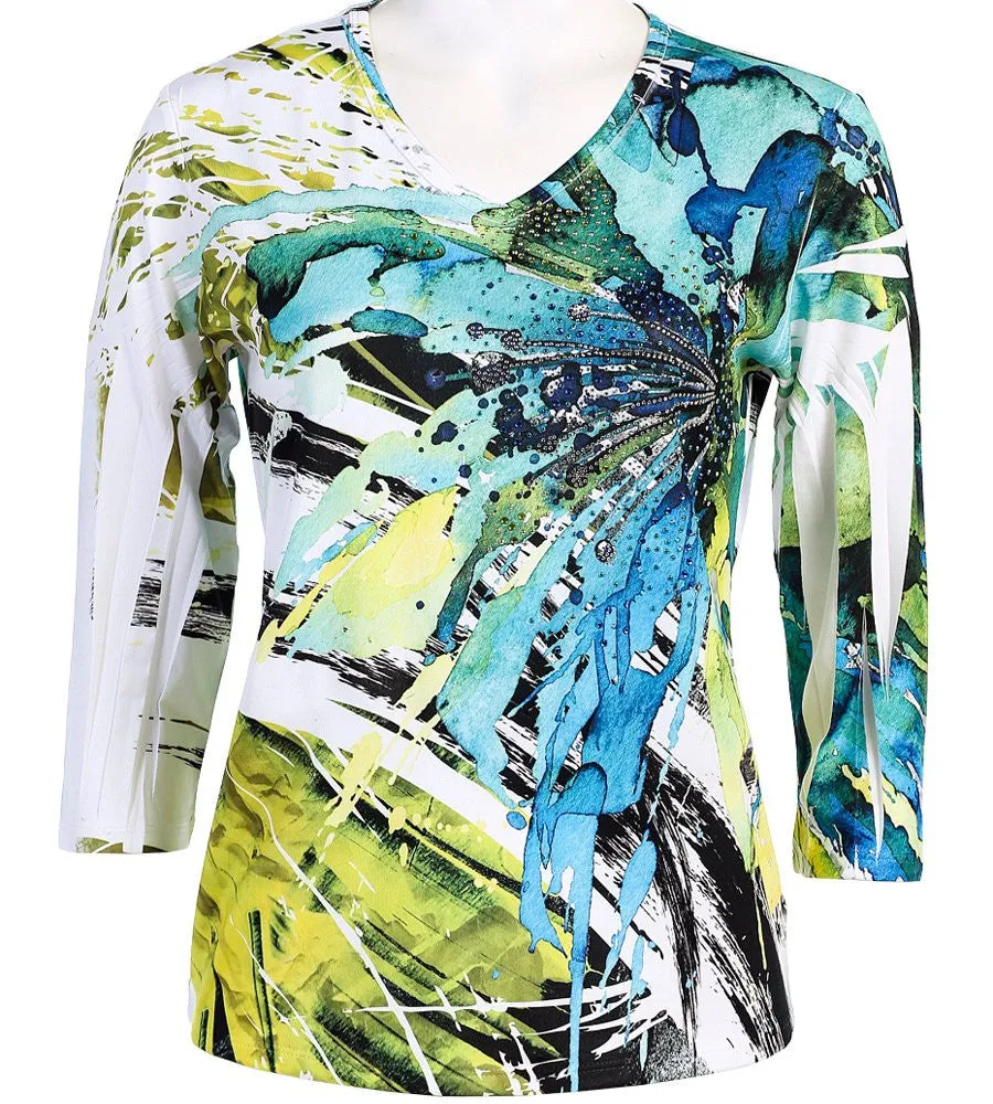 Jess & Jane - Rain Forest, V-Neck, Microfiber Spandex Jersey Top