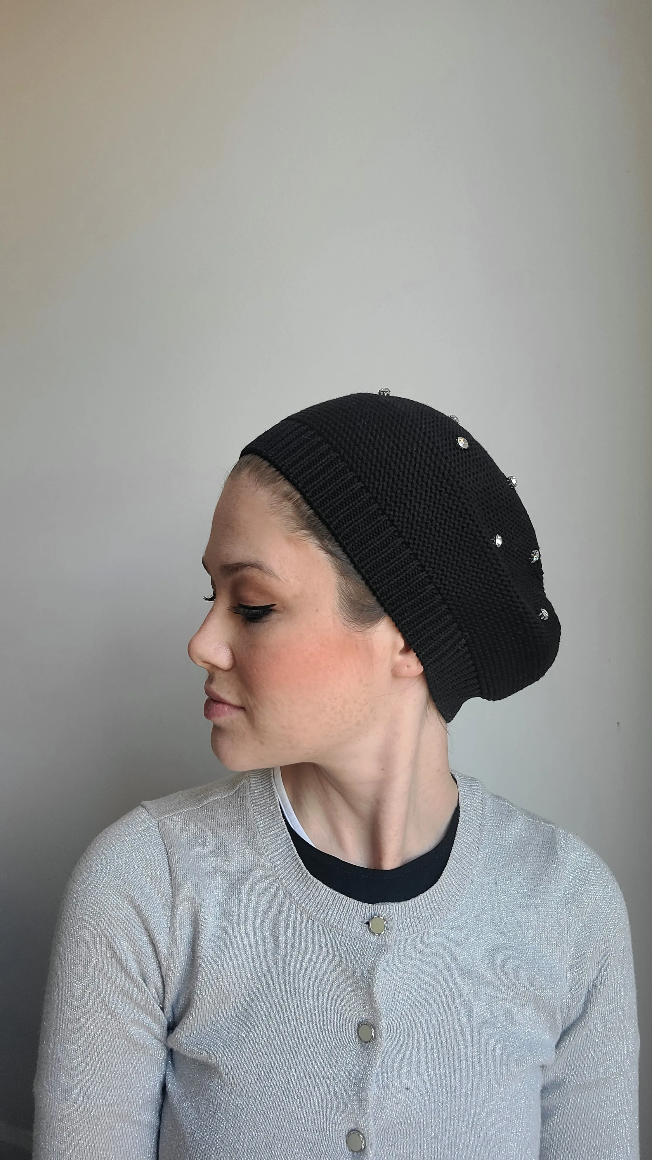 Large Size Cotton Beret with Large Rhinestones