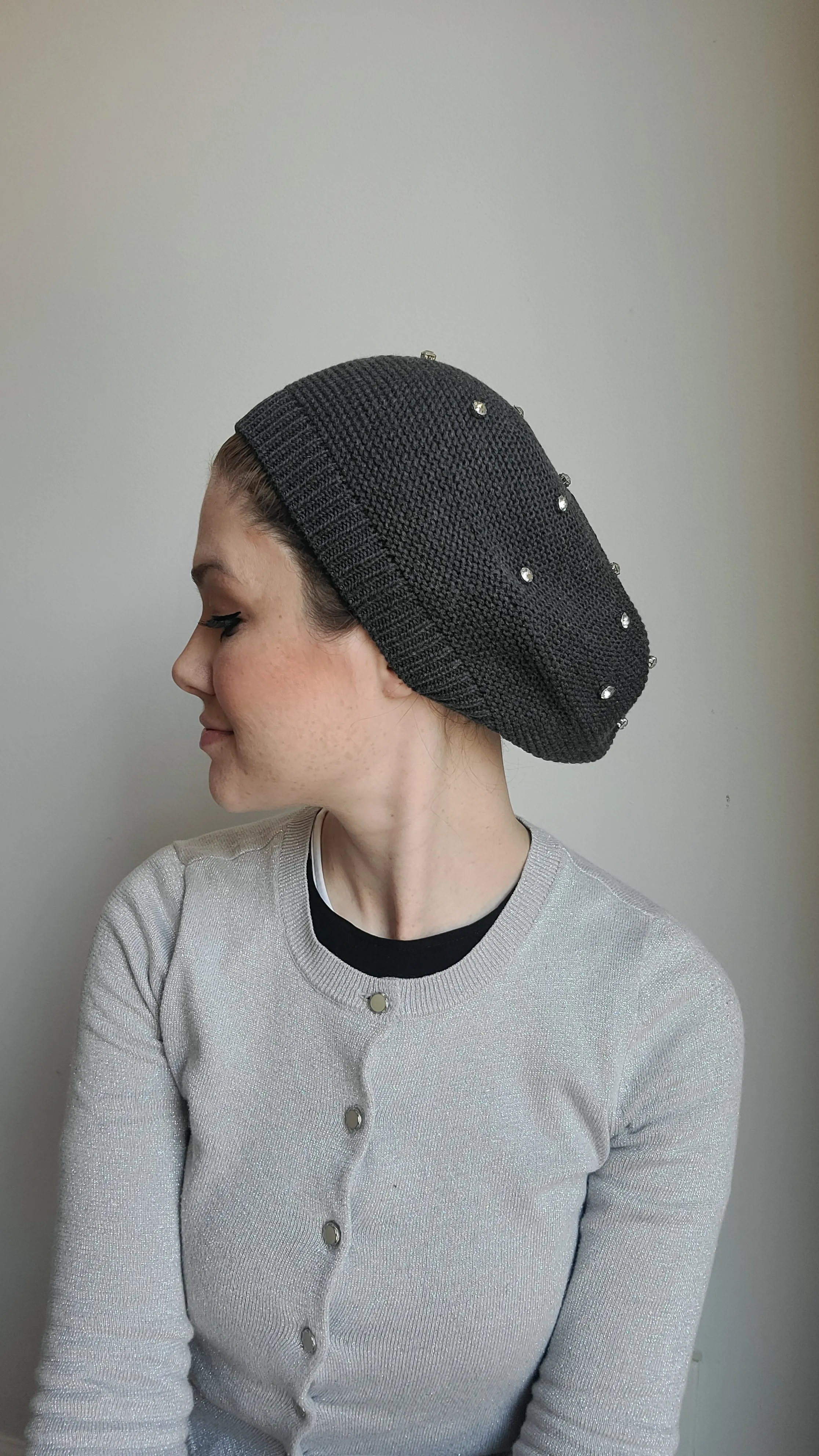 Large Size Cotton Beret with Large Rhinestones