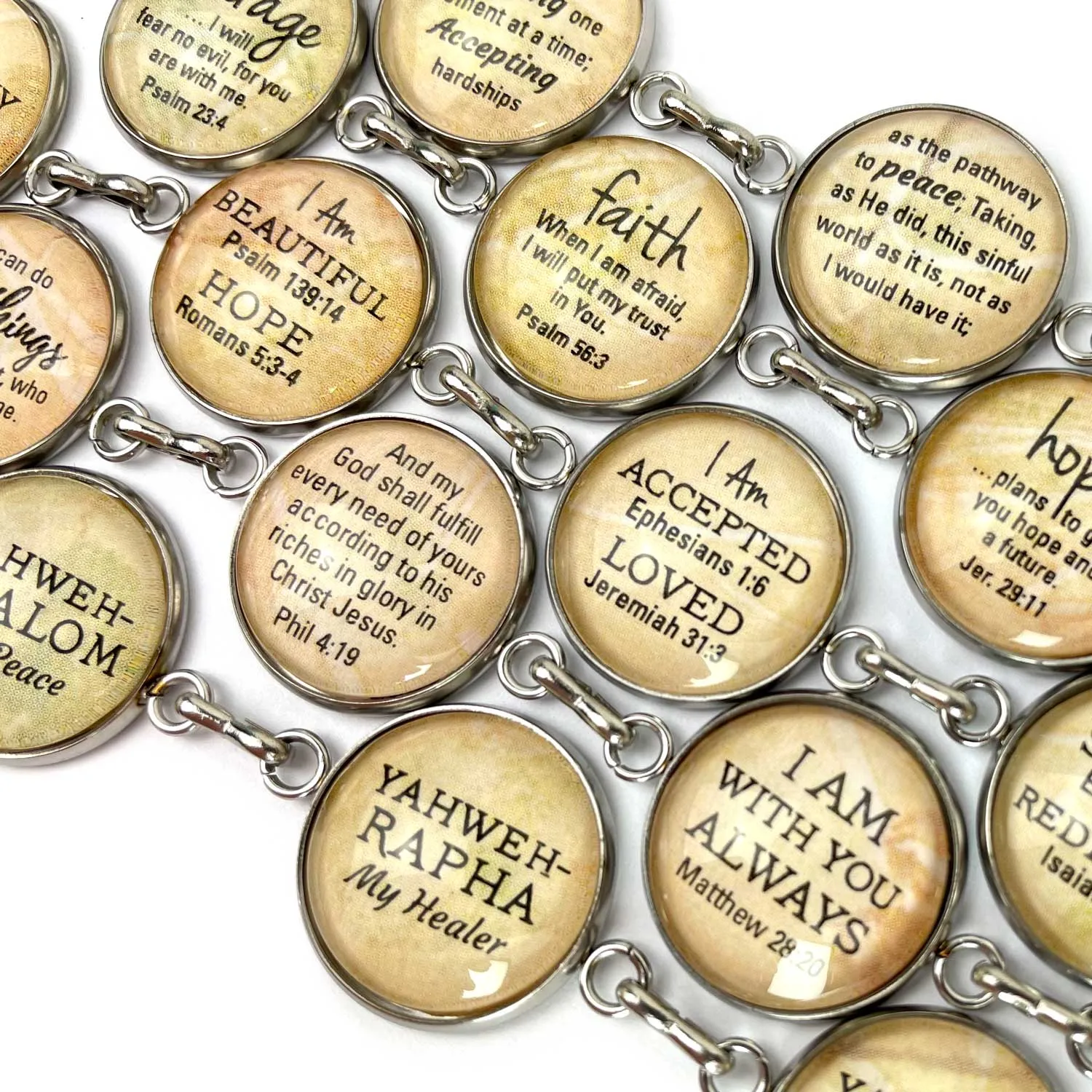 Love, Joy, Courage, Faith, Hope, Peace - Words of Hope Glass Charm Stainless Steel Christian Bracelet, 7.5"-8.75"