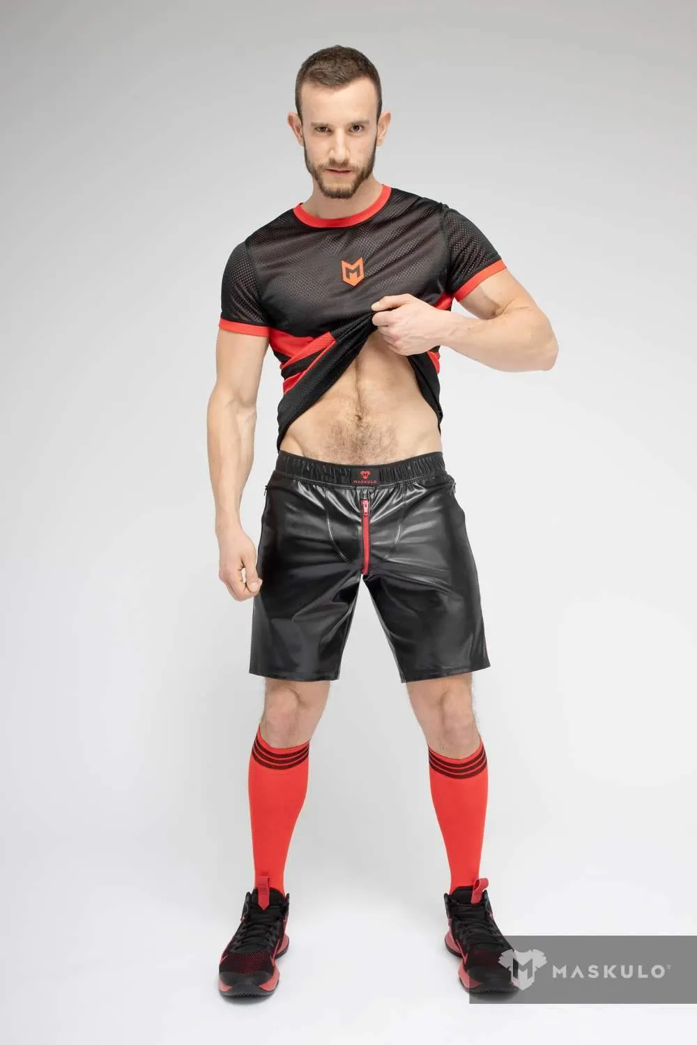 MASKULO Leatherette Soccer Shorts SKULLA Black Football Short Red SH073-10 30