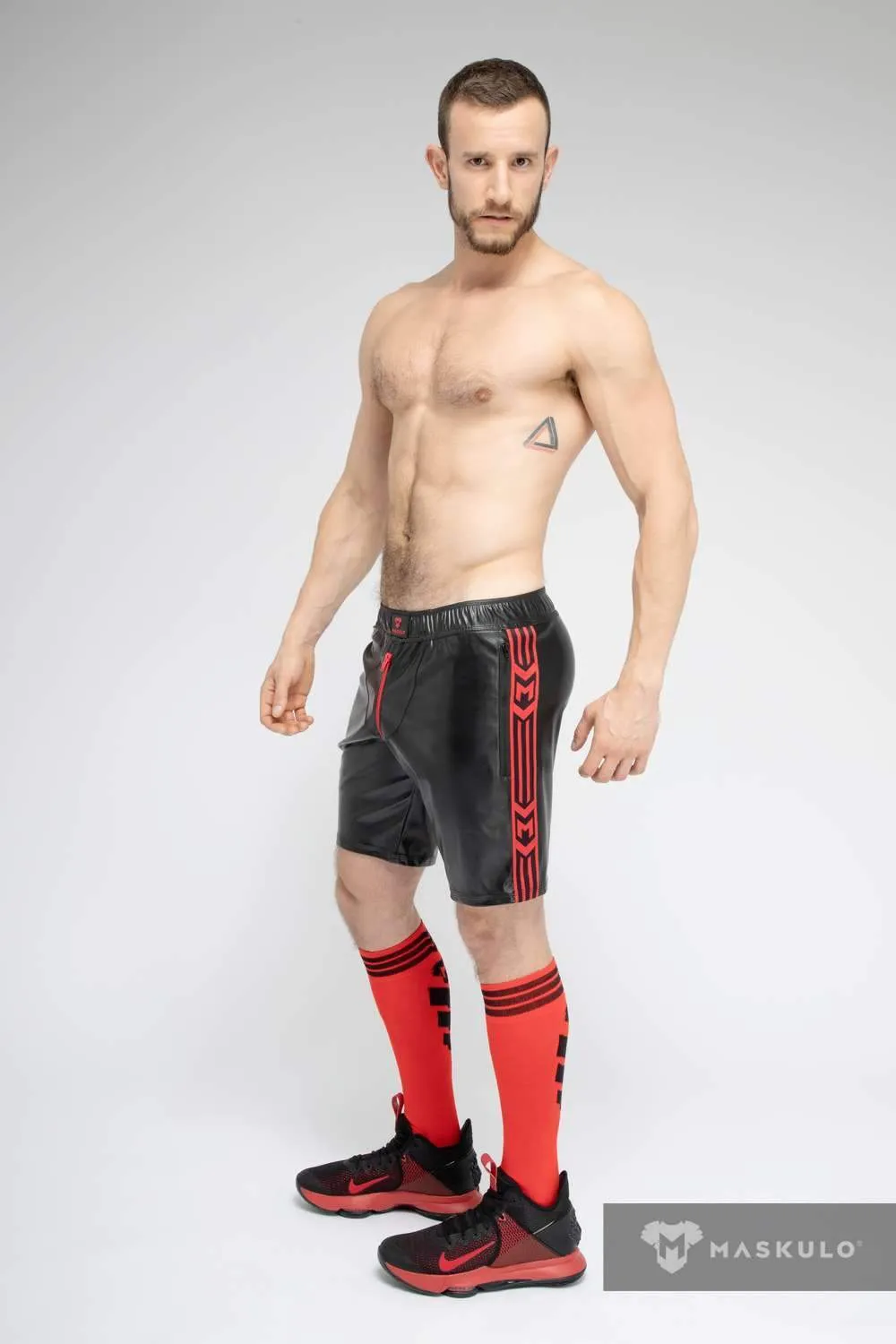 MASKULO Leatherette Soccer Shorts SKULLA Black Football Short Red SH073-10 30