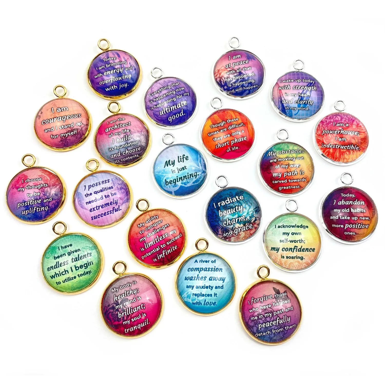 Positive Affirmations Colorful Charms - Wholesale Glass Charm Sets for Jewelry Making - 20mm - Bulk Designer Charms - Forgiveness, Strength, Courage, Beauty