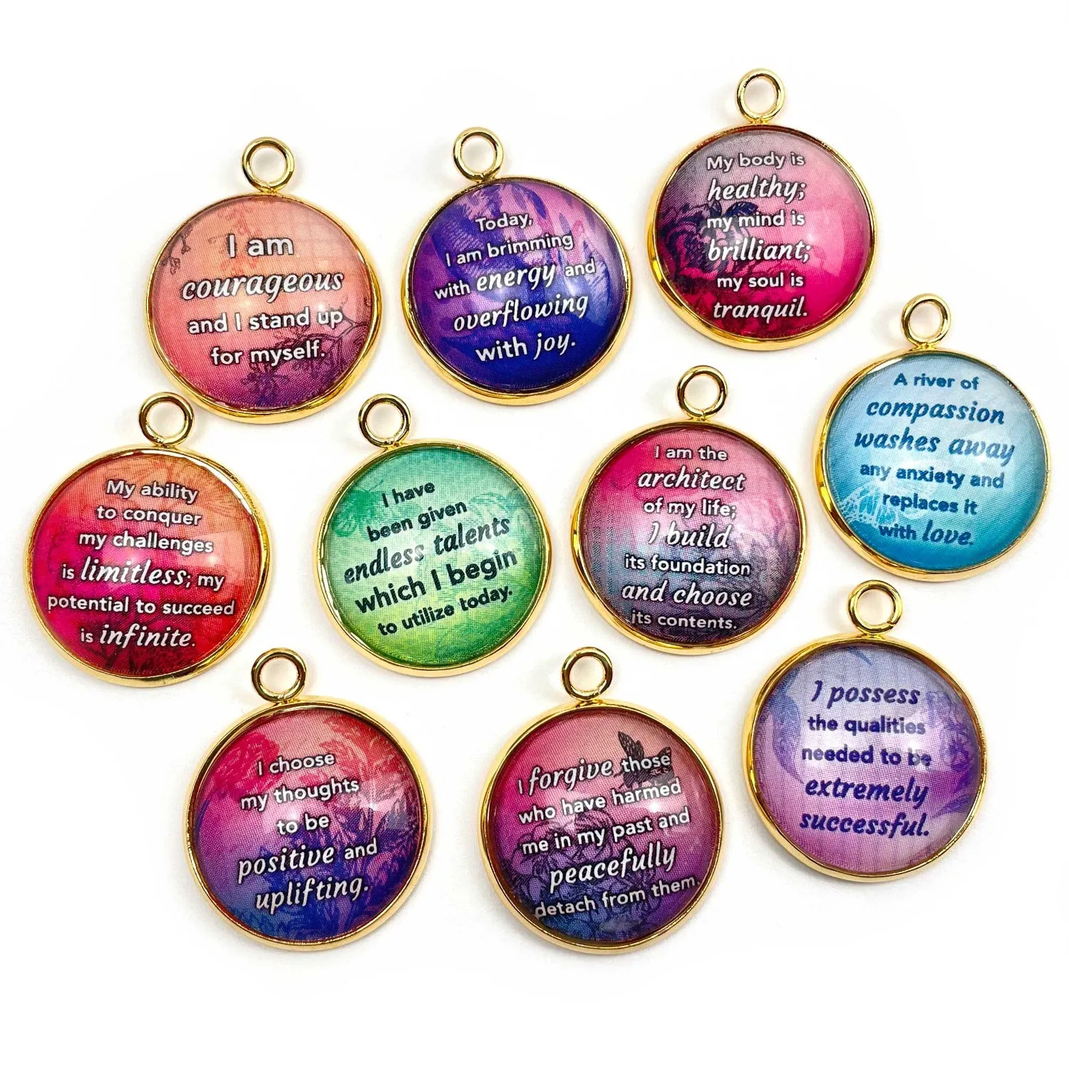 Positive Affirmations Colorful Charms - Wholesale Glass Charm Sets for Jewelry Making - 20mm - Bulk Designer Charms - Forgiveness, Strength, Courage, Beauty