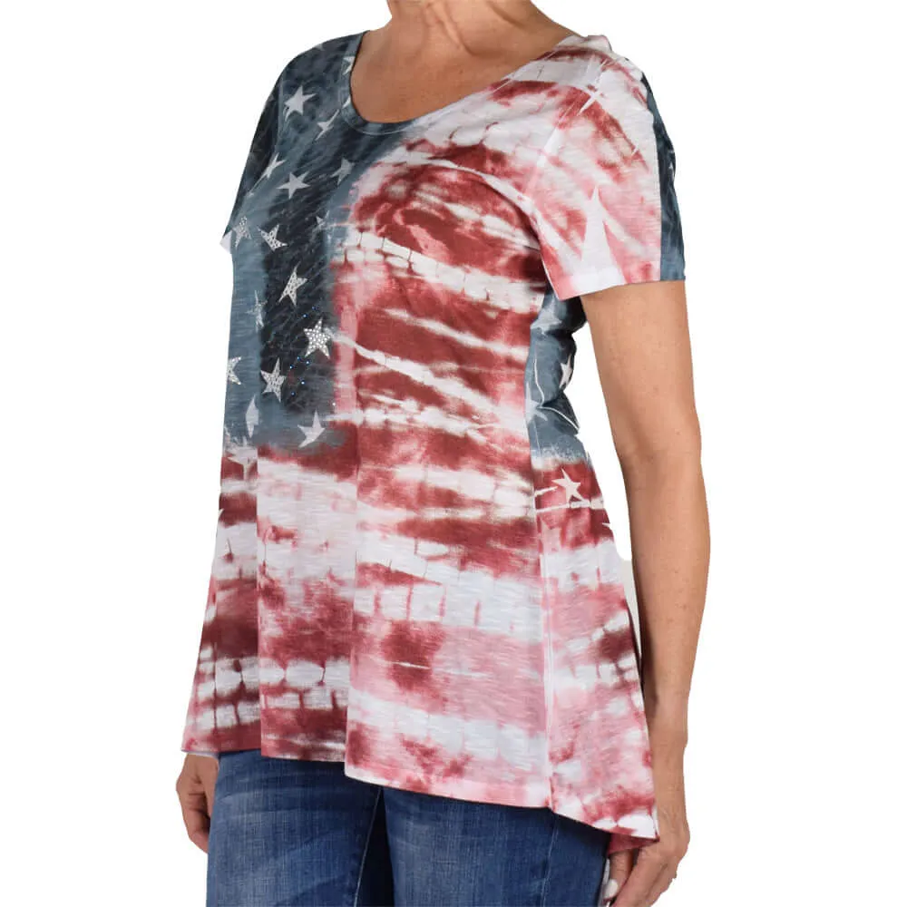 Women's Made in USA Rhinestones Tie-Dye Patriotic T-Shirt