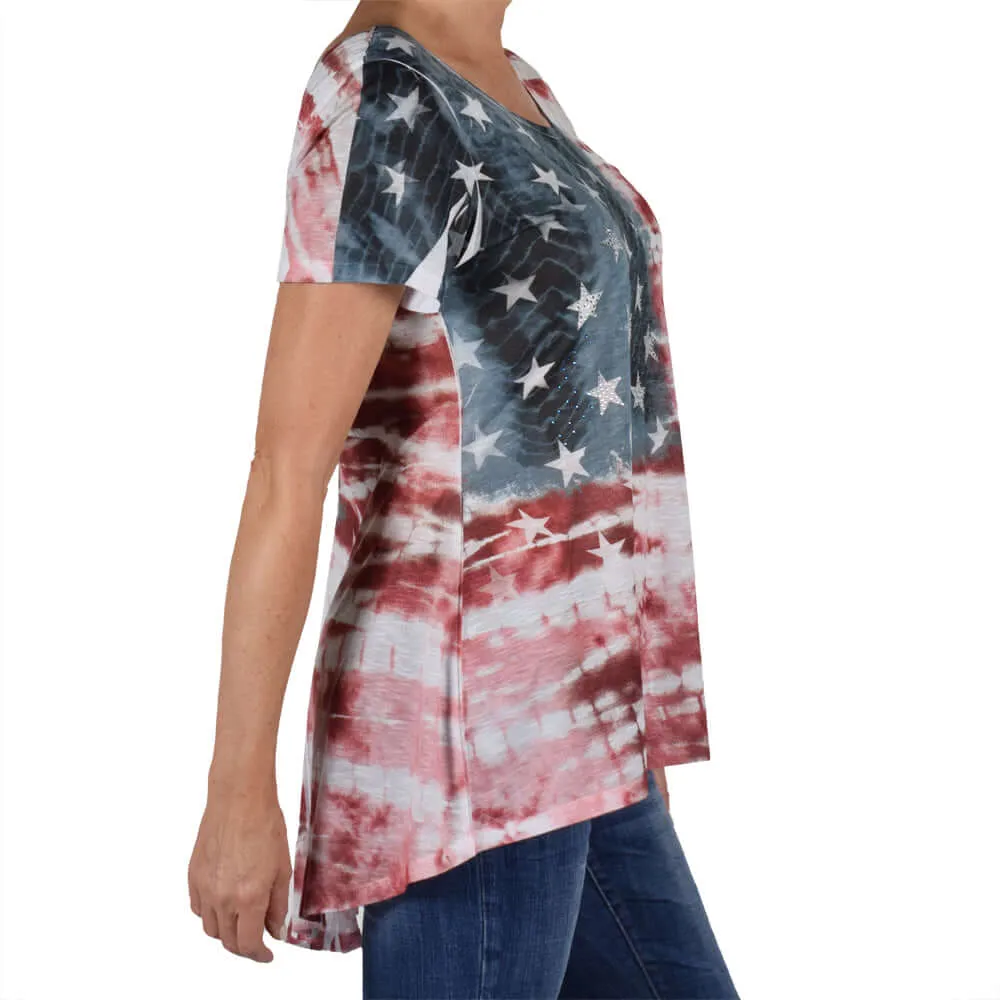 Women's Made in USA Rhinestones Tie-Dye Patriotic T-Shirt