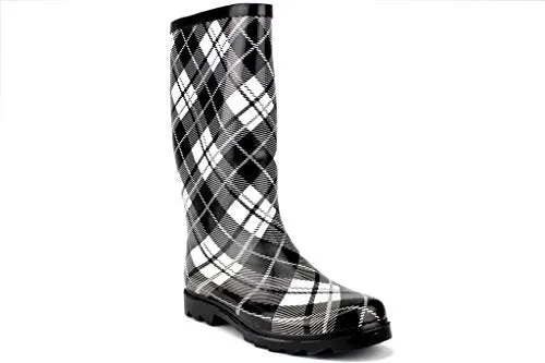 Women's Rubberboot Calf High Plaid Design Rain Boots